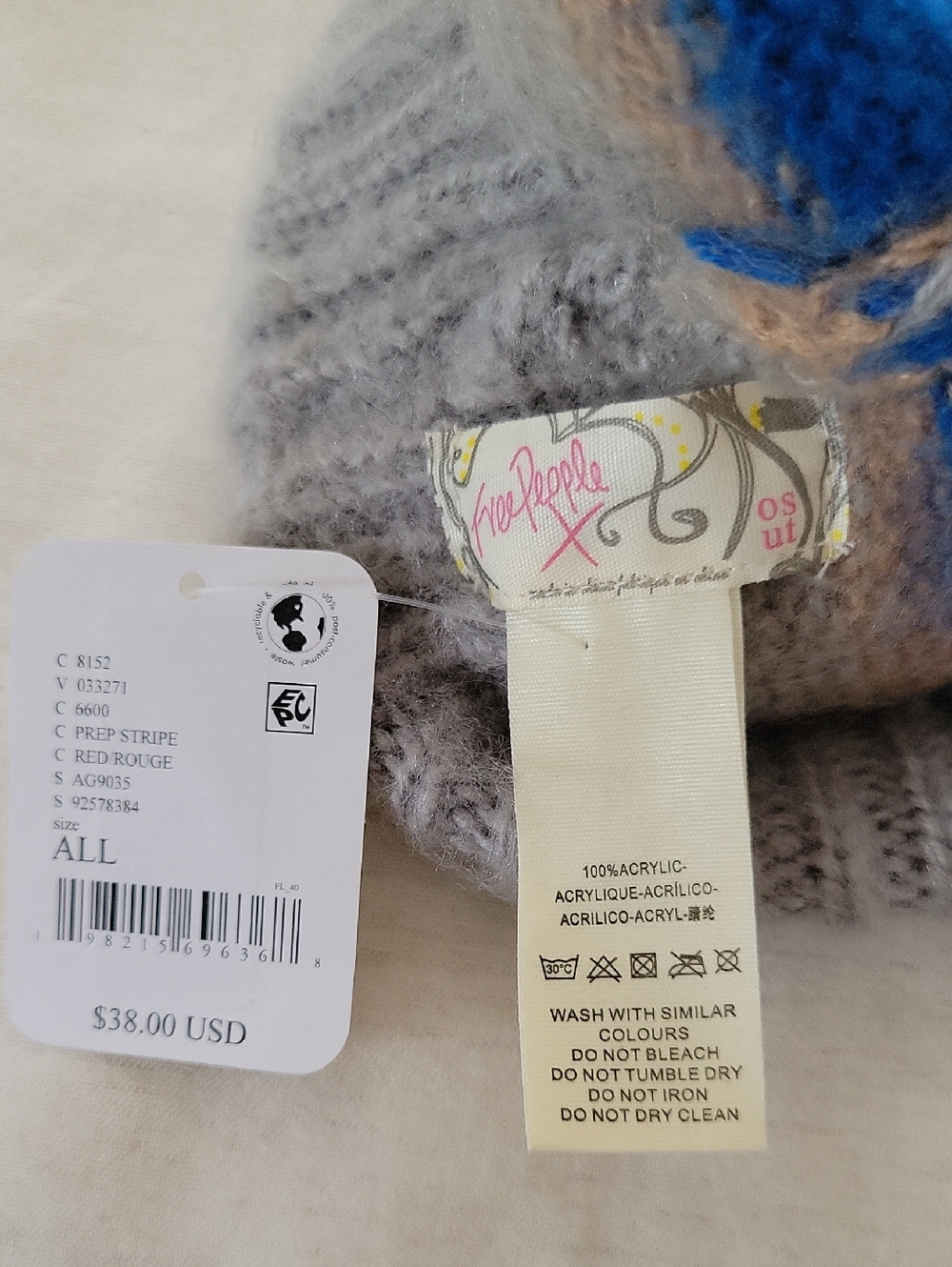 Free People NWT The Groove OS Striped Fuzzy Beanie in Gray, Blue & Tan - Picture 3 of 3